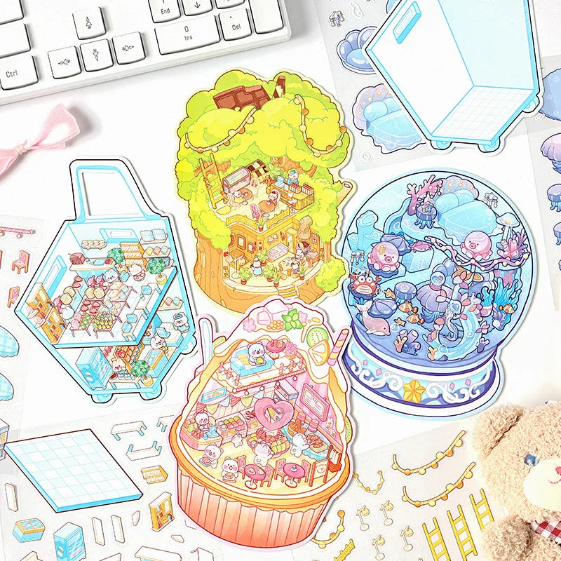 3pcs/pack  Sweets Secret Island Miniature Scene Stickers Three-dimensional  Cartoon Creative Stickers 3d Scenery