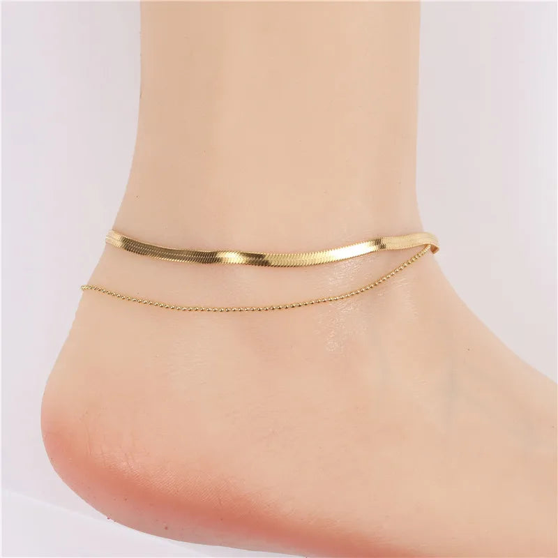 Korea Style Stainless Steel 2 Layers 18k Gold Plated Flat Snake Chain Bracelet Anklet for Women