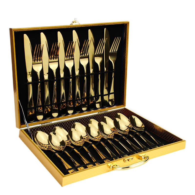 High Quality Stainless Steel Tableware 24pcs Knife Fork Spoon Flatware Hotel Restaurant Cutlery Set Gift Box