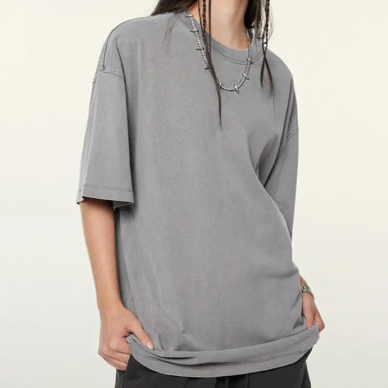 Mock Rib Neck Oversize Drop Shoulder T-shirt Blank Streetwear Heavyweight Acid Wash T Shirt for Men Men's Breathable T-shirts