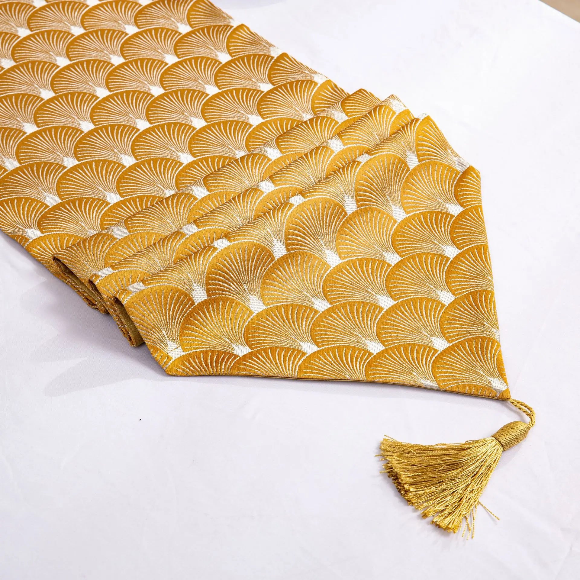 Luxury High Quality Jacquard Sector Tassel Yellow Table Runner Living Room Meeting Room Table Runner