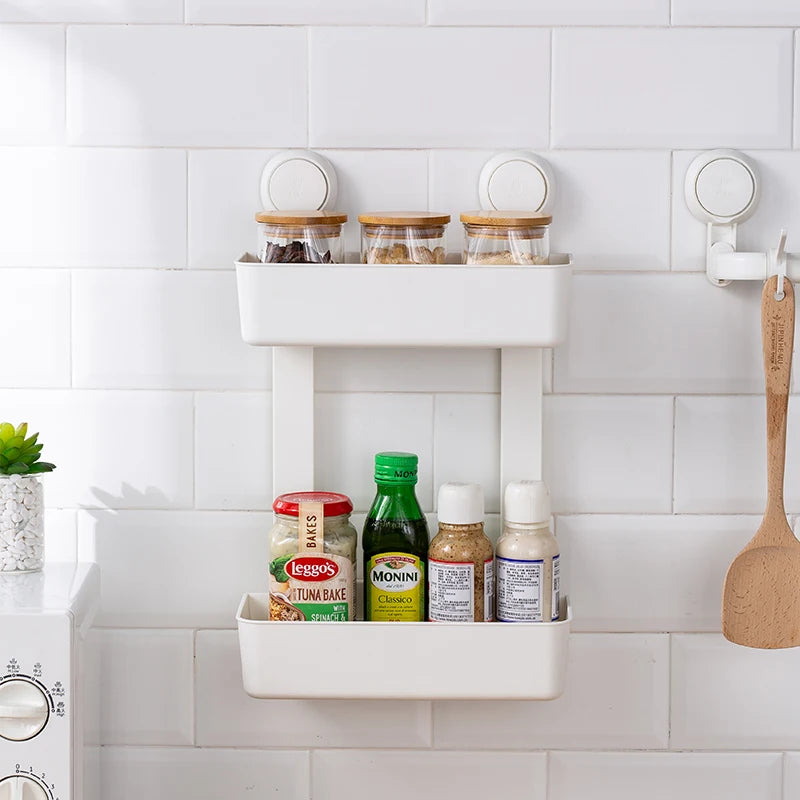 2 Layers Spice Rack Shelf Spice Organizer Plastic Rack Wall Mount Kitchen Corner Spice Holder Rack Hanging Storage Organizer
