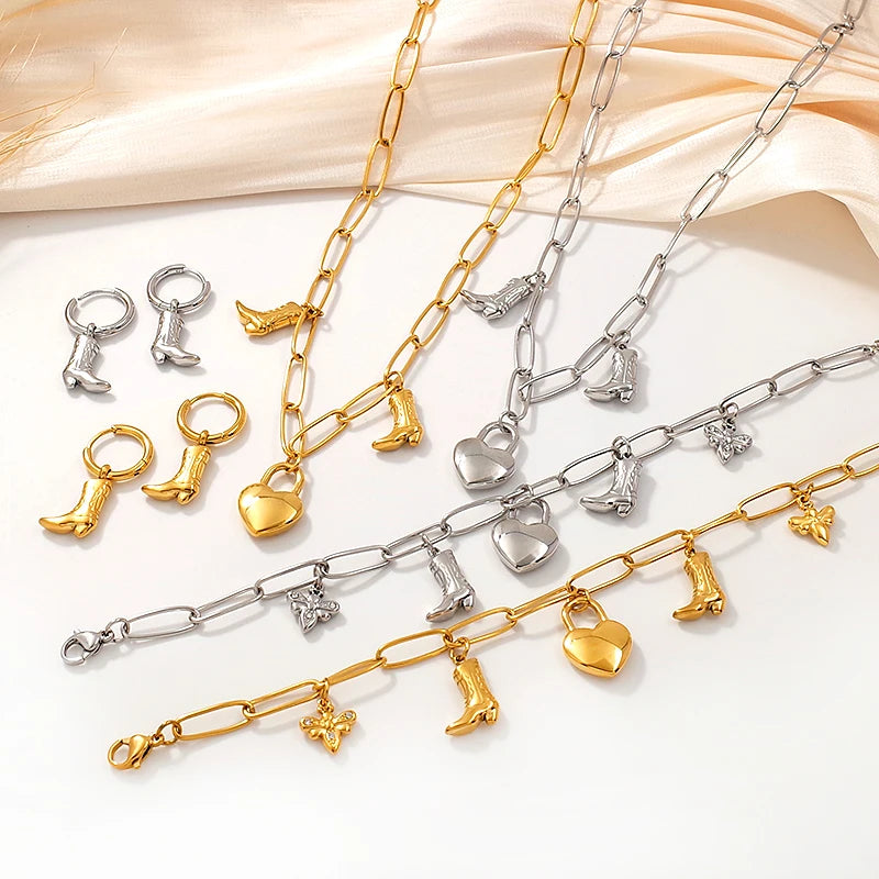 Fashion Stainless Steel Jewelry Wholesale 18K Gold Plated Heart Lock Boot Accessories Necklace Bracelet Christmas Jewellery Set