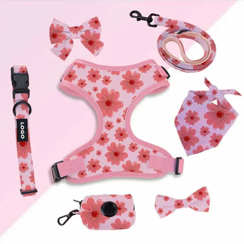 2024 Wholesales Luxury Dog Harness Set With Matching Dog Colar Leash Collar Poop Bag Custom Neoprene Reversible Dog Harness Vest