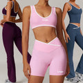 YIYI New Custom Logo Flare Legging Sets High Compression Yoga Suits Gym Fitness Set Women V Waist Crop Bra Top and Shorts Sets