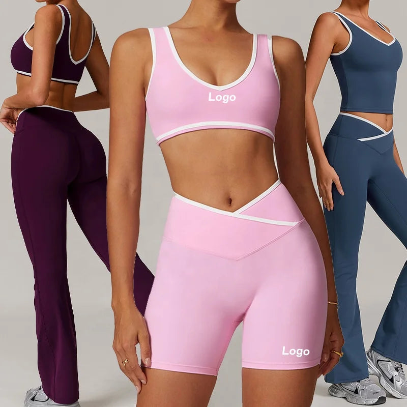 YIYI New Custom Logo Flare Legging Sets High Compression Yoga Suits Gym Fitness Set Women V Waist Crop Bra Top and Shorts Sets
