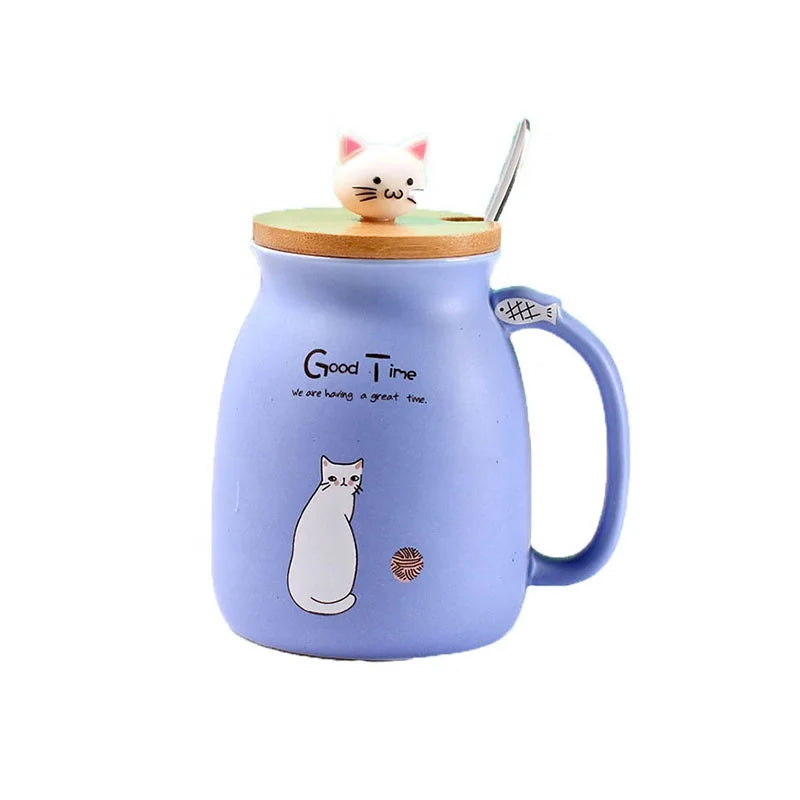 Cute Cat Style Ceramic Mugs Lid Spoon Cartoon Creative Morning Mug Milk Coffee Tea Unique Porcelain Coffee Mugs