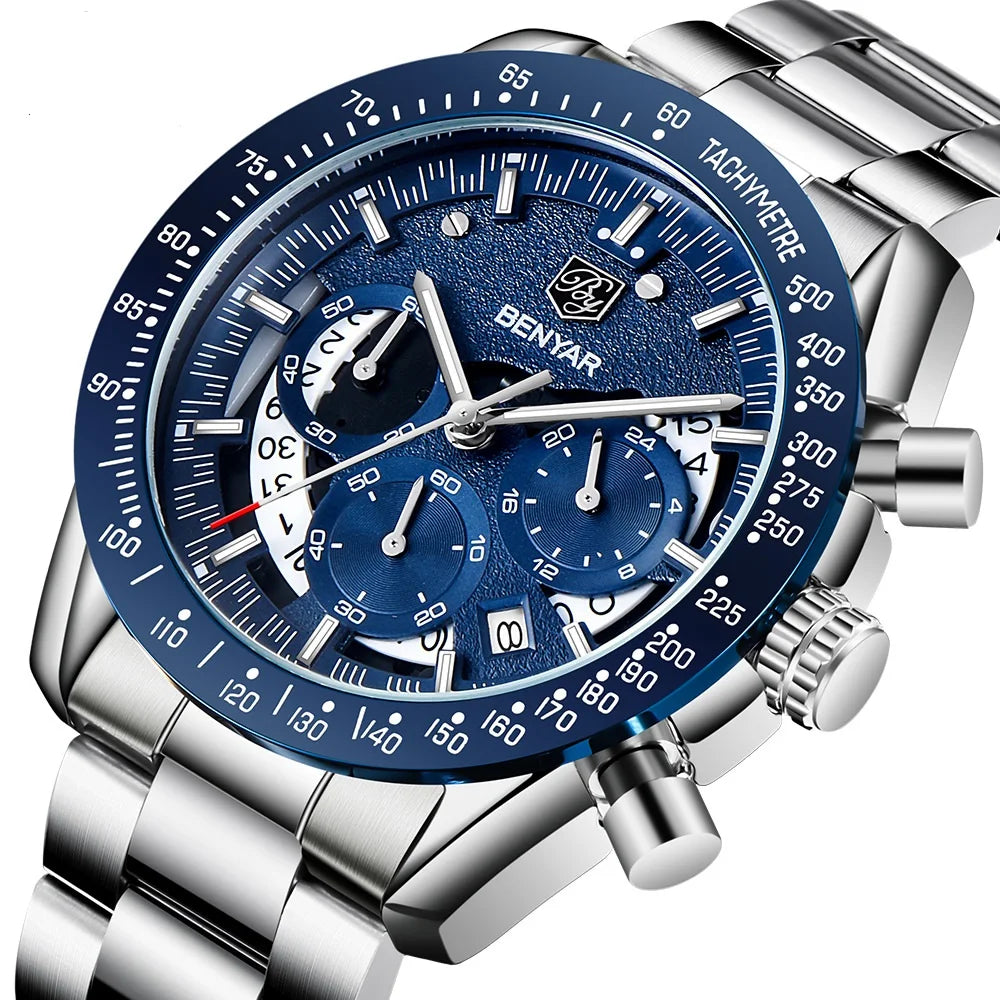 BENYAR 5120 Fashion Sport Watch Men Top New Luxury Black Male Chronograph New Stainless Steel Clock Waterproof Wristwatch