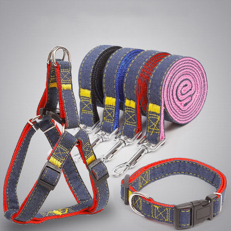 New Design Classic Luxury Pet Collar Rope Ultra-soft Organic Cotton Denim Chest Tactical Dog Harness and Leash Set Hands-Free