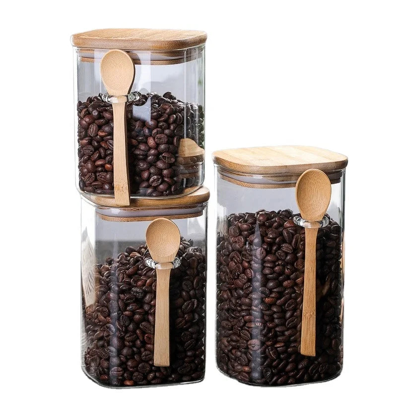 Wholesale Custom Square High Borosilicate Airtight Kitchen Coffee Bean Glass Storage Canister Container Jar with Bamboo Lid