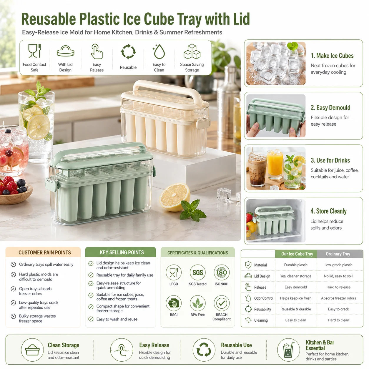 Customized Design High Performance Large Capacity Reusable Plastic Ice Cube Tray with Lid for Commercial Restaurant Bar