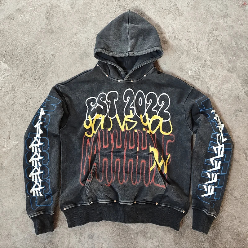 YSJY Manufacturer Custom Streetwear Acid Vintage Washed Oversized Screen Printing Heavyweight French Terry Graphic Hoodie Men