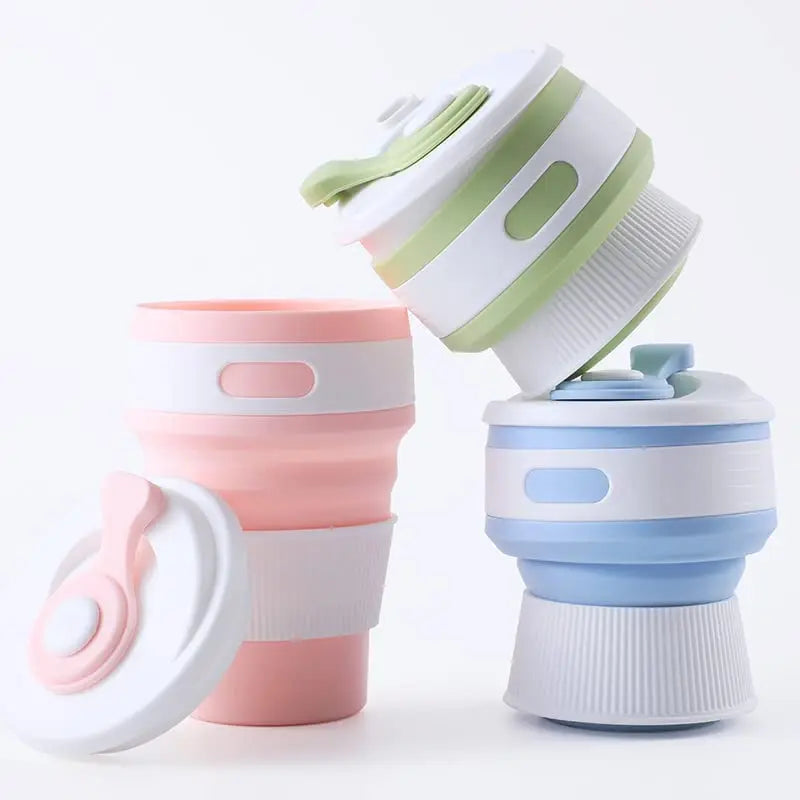 12OZ Silicone Foldable Mug with Lid Durable Reusable Portable Bottle for Camping 2 Pack Collapsible Coffee Cup for Travel