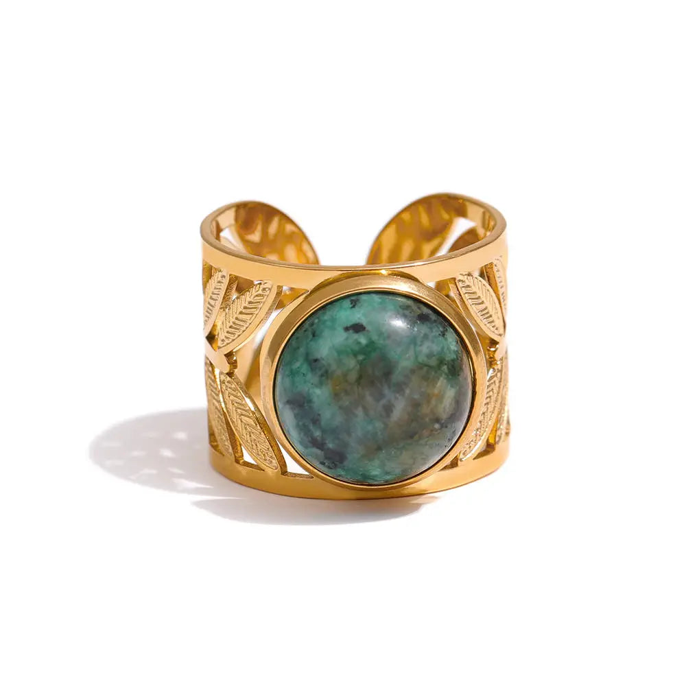 Statement 18K Gold Plated Waterproof Jewelry Stainless Steel Green Natural Turquoise Opening Ring