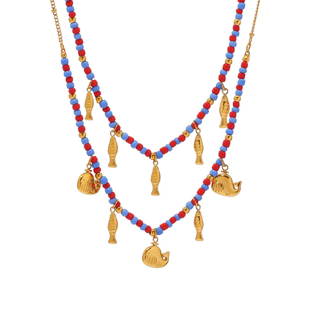Vintage Bohemian Style Dolphin Pendant Glass Beaded Chain Necklace 18K Gold Stainless Steel Waterproof Necklace