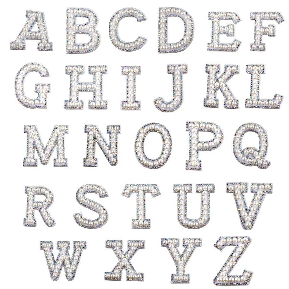 Self-Adhesive Alphabet Applique Patch Set 26 Letters A-Z with Loose Rhinestones and Pearls