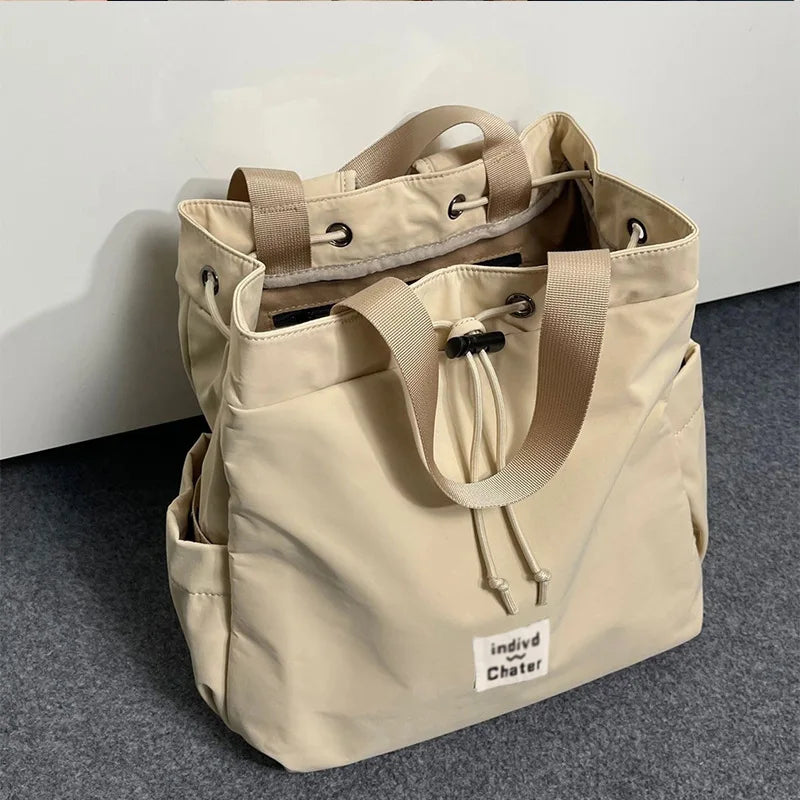 Simple Large Capacity Women Backpack Casual Drawstring Ladies Commuter Tote Shoulder Bags Solid Color Female Bucket Handbags