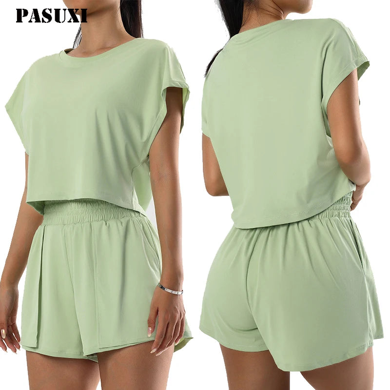 PASUXI 2025 Women's Spring Casual Sports Sets Knitting Fabric Solid Short Sleeve Top and Shorts Two-Piece Set