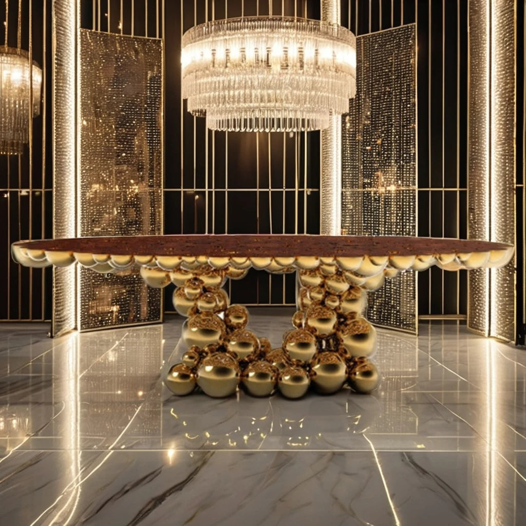 Modern Luxury Gold-Plated Stainless Steel Oval Grape Design Lacquered Cast Top  Dining Table for Home Hotel Furniture