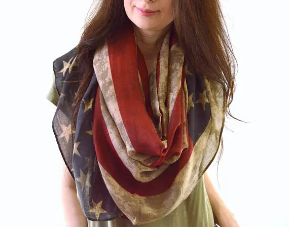 Hot Sale American Flag Printed Beige Autumn Scarf Stars Stripes Patriotic Viscose Shawl with Customizable Logo for Women