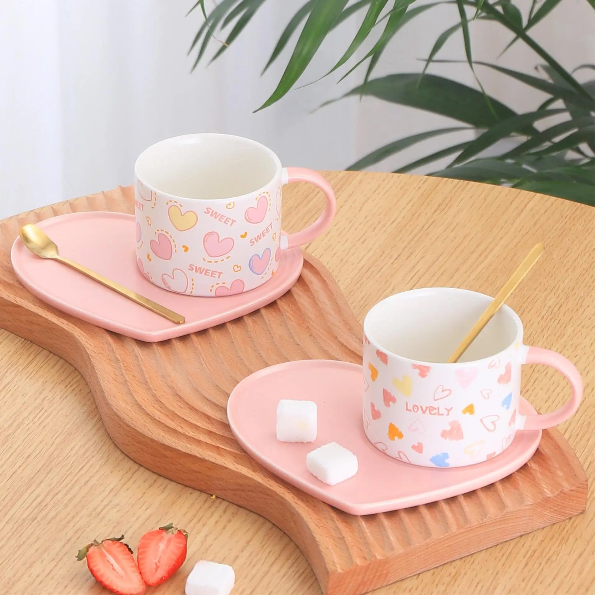Best Seller Pink Series Ceramic Heart Dish With Spoon Cute Couple Home Office Coffee Cup Set
