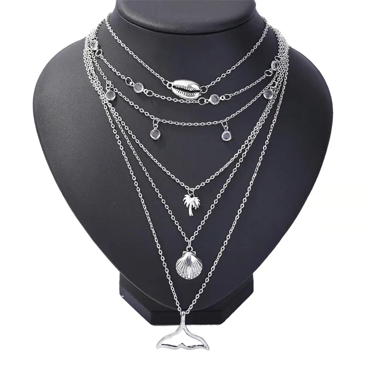 Factory Wholesale Bohemian Necklace Fish Tail Lips Coconut Shell  Long Multilayer Pendant Necklace Women