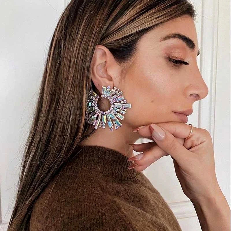 New Fashion Alloy Sunflower Rhinestone Stud Earrings Statement Glass Diamond Round Hoop Earrings Party Earrings Jewelry