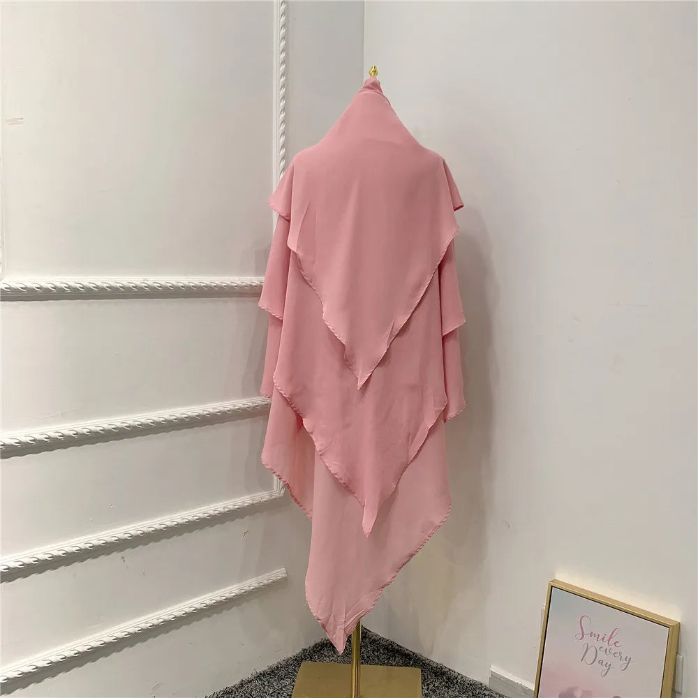 3 Layers Turkey Dubai Scarf Solid Color Ramadan Muslim Khimar Women Hijabs Pearl Chiffon Muslim Khimar