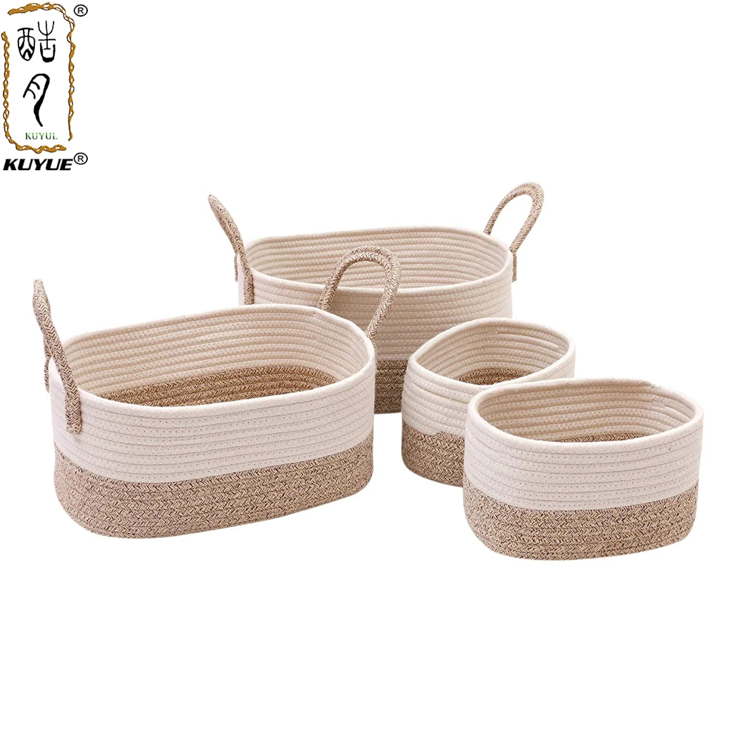 KUYUE Rectangular Cotton Rope Basket 4-piece Set With Handle Multi-function Storage Basket