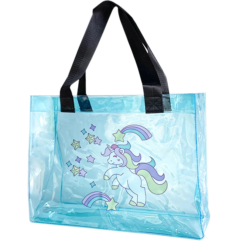 2025 Custom Logo Unicorn Pattern Waterproof Travel Organizer Beach Bag - Clear Laser PVC Transparent Tote Hand Bag for Women