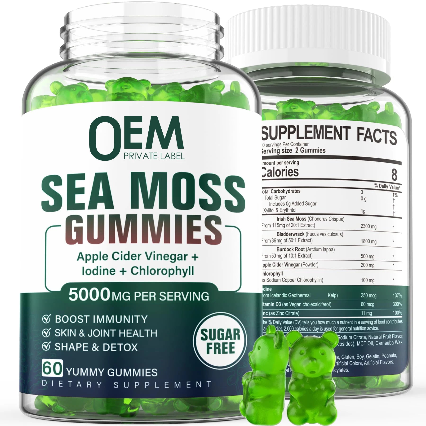 OEM Private Label Irish Vegan Seamoss Apple Cider Vinegar Lodine Chlorophyll Gummies Supplement 5000mg Sea Moss Gummies