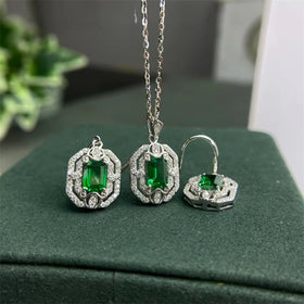 Vintage Fashion 925 Sterling Silver Emerald Earrings & Necklace Set for Women-Wedding Anniversary Party Gift