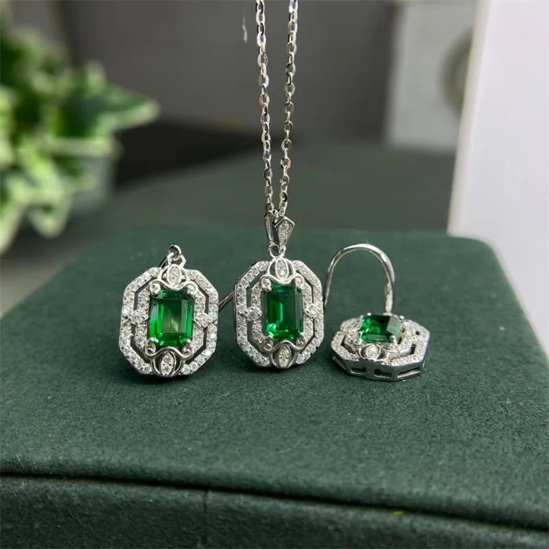 Vintage Fashion 925 Sterling Silver Emerald Earrings & Necklace Set for Women-Wedding Anniversary Party Gift