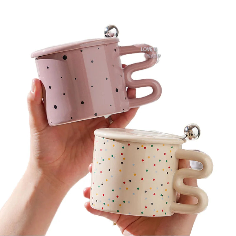 New 350ml Ceramic Coffee Mug with M Handle and Spoon Cute Dot Design Colorful Lovers' Gift Cover for Camping MegaBDM