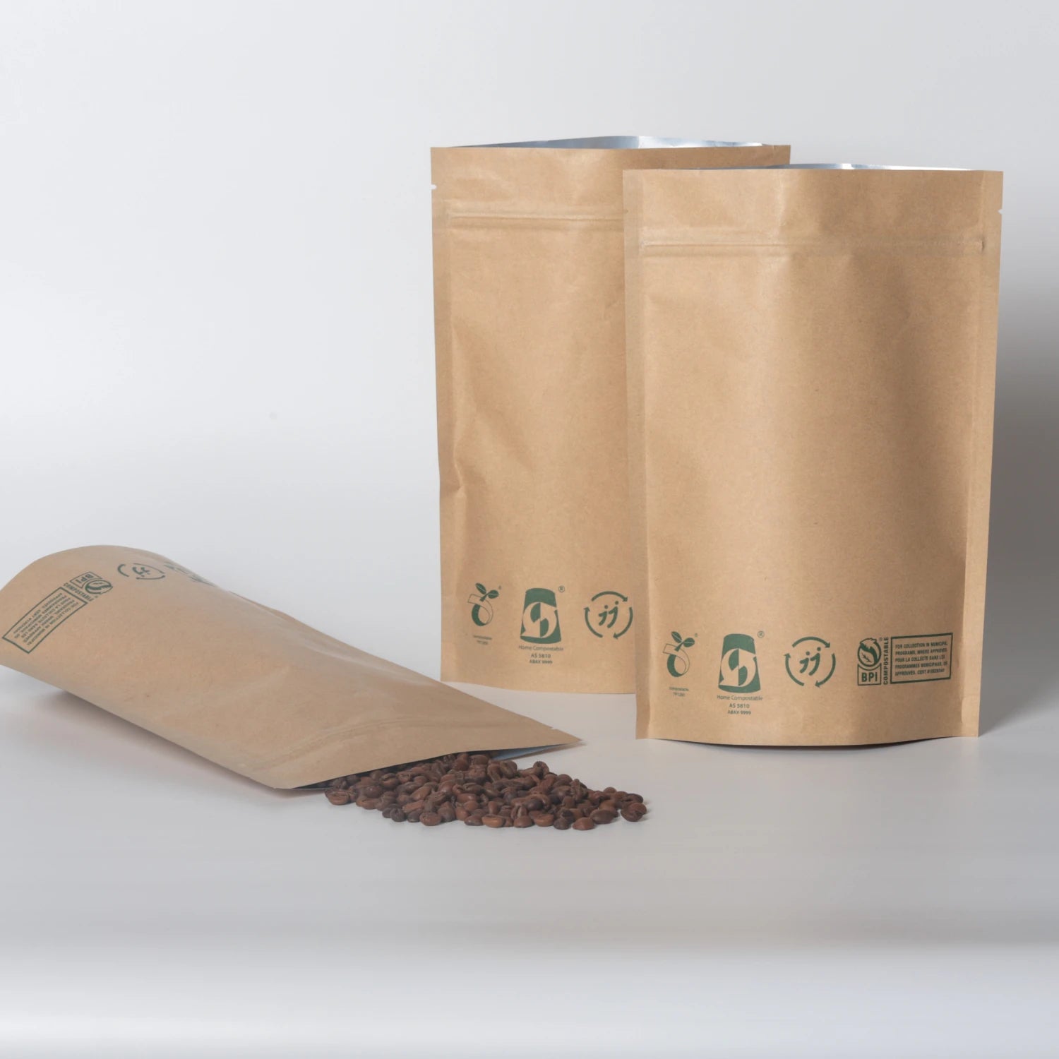 Custom Biodegradable Black Coffee Bean Stand Pouch Flat Bottom Paper Packaging Valve Zipper for Food Features Custom Logo