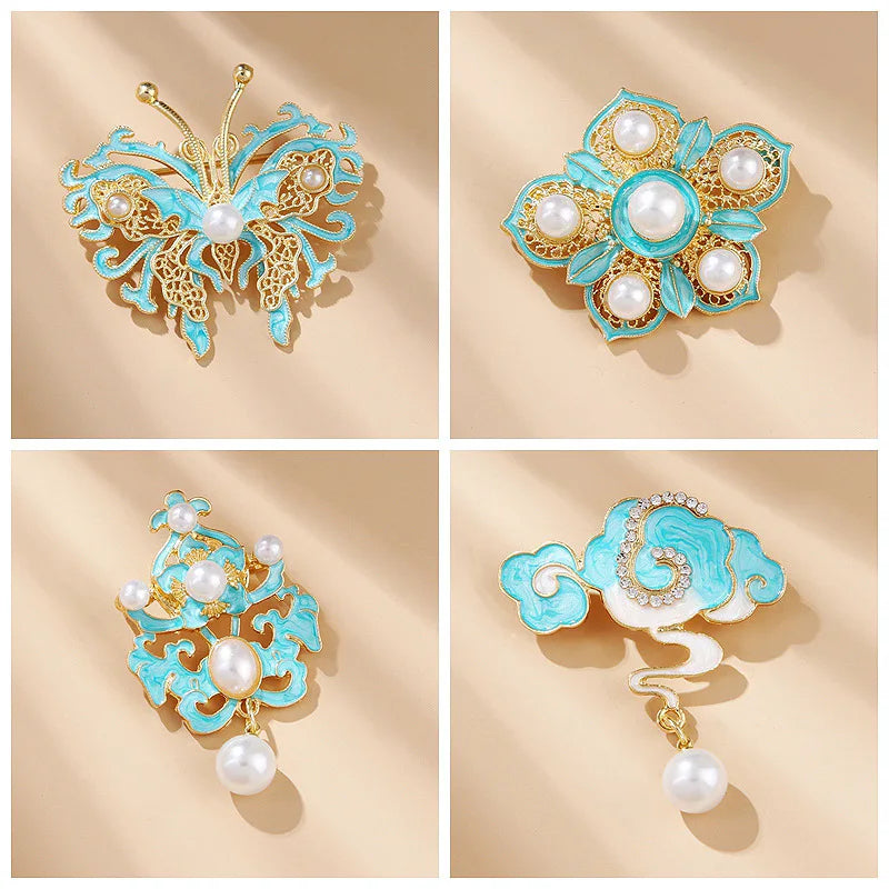 Fashion Women Golden Hollow Pearl Brooch with Blue Butterfly and Flower Elegant and Stylish Brooches