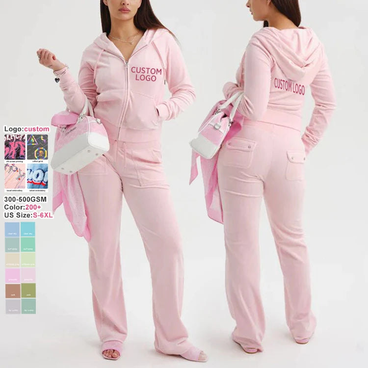 Women's Luxury Velvet Jogger Suit Custom Two Piece Track Suit Zipper Short Sequin Pants Set Women's Velvet Sweatsuit