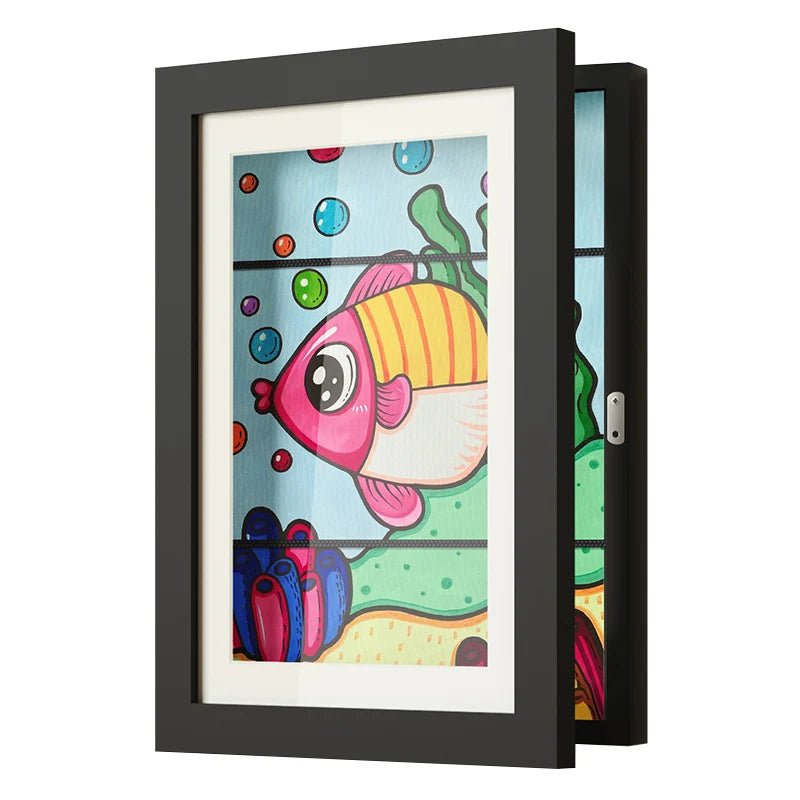 Kids Artwork Creative Durable Foldable Picture Frame Changeable Black Wood Shatterproof Glass A4/A3 Custom Size Waterproof