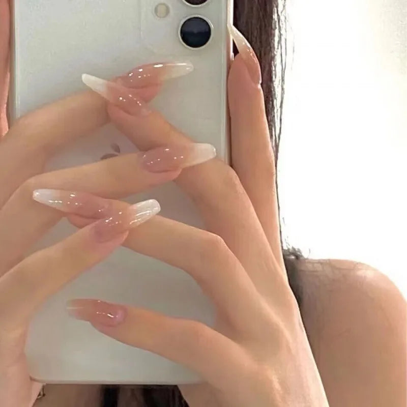 Wholesale Vendor Popular Ombre pink clear Trapezoid Handmade French Design Acrylic Gel Fake Artificial Press on Nails