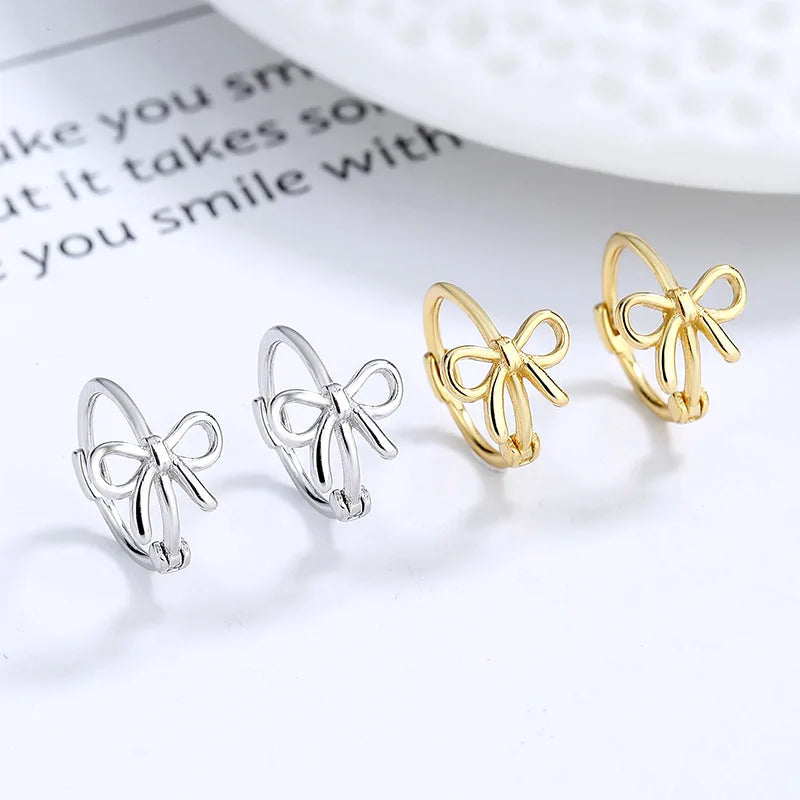 Fashion Minimalist Jewelry 925 Sterling Silver Bow Knot Earring Bowknot Gold Plated Hoop Earrings Jewelry for Women