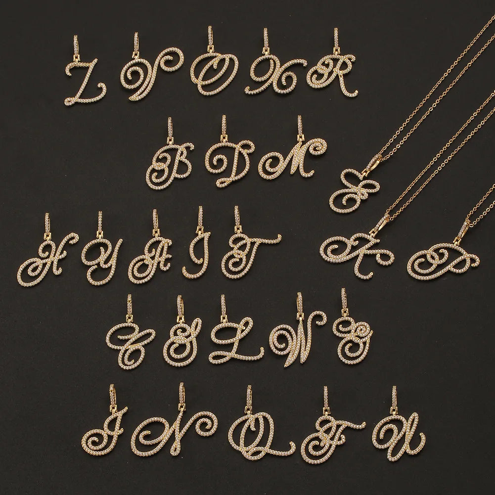 Hot Selling Jewelry Custom Gold Zircon 26 English Letter Pendant Necklace Alphabet Necklace for Men and Women