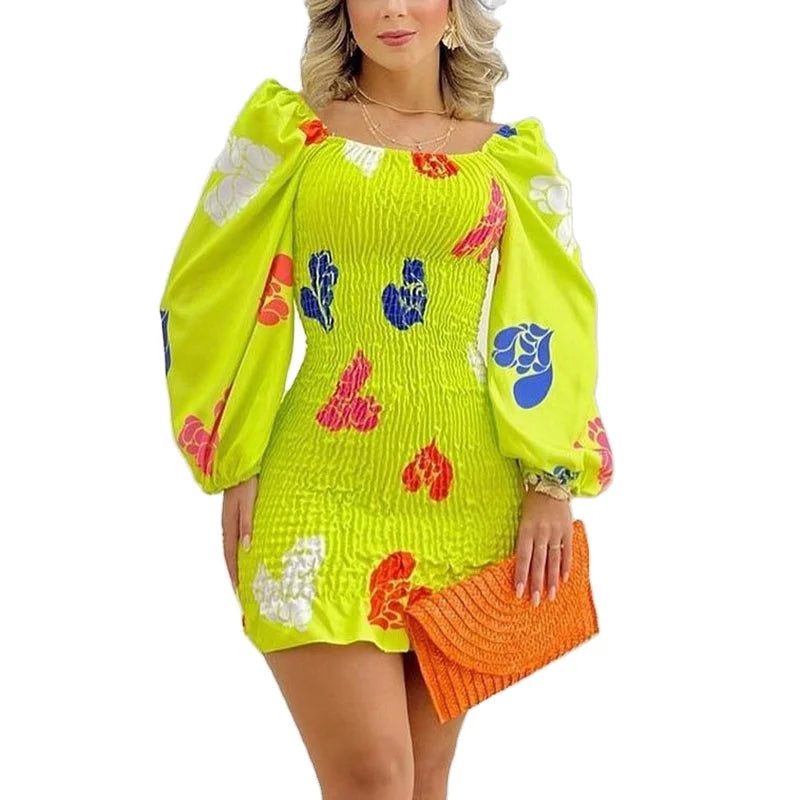 RNSHANGER Floral Dresses for Women Gathered Stretch Fit Wrap Hip Slim Mini Dress Puff Sleeve Square Collar Casual Vacation Dress