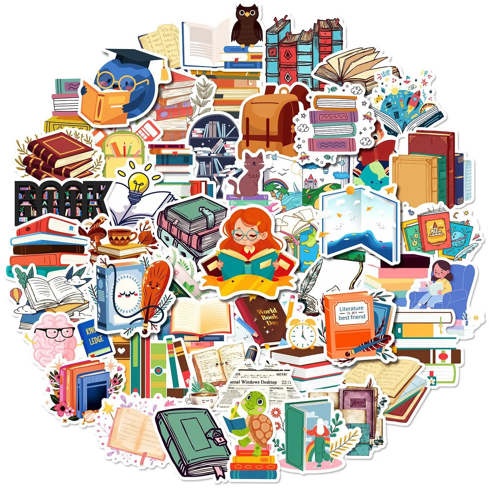 50Pcs New Book Reading Library Decorative Stickers for Diary Table Phone Vinyl Cartoon Paper Sticker