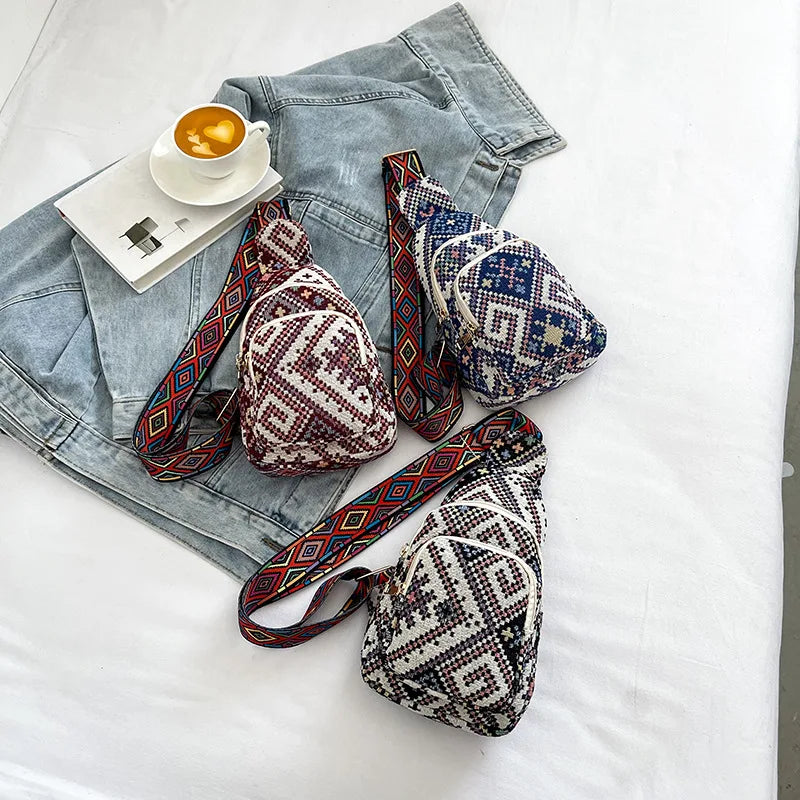 New Trend Summer Woven Rhombus Plaid Large Capacity Women's Outdoor Lightweight Cotton Sling Bag