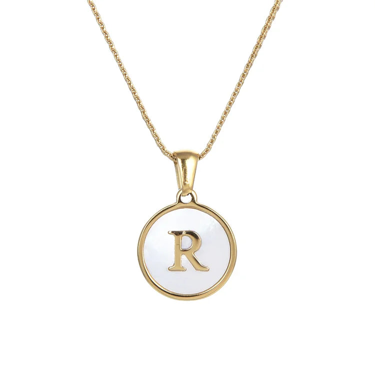 Link Chain Necklace 18K Gold Jewelry Pearl Shell Disc Pendant Initial Letter R Necklace Gold Filled Necklace with Pearl Pendant