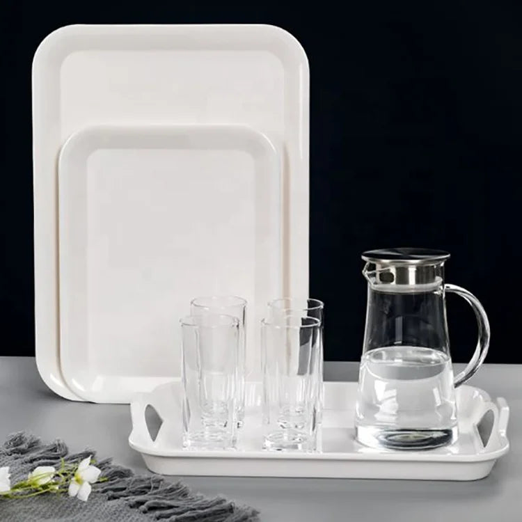 Wholesale Custom Hotel Plain White Plastic Utensils Tray Checker Pattern Melamine Tray Serving