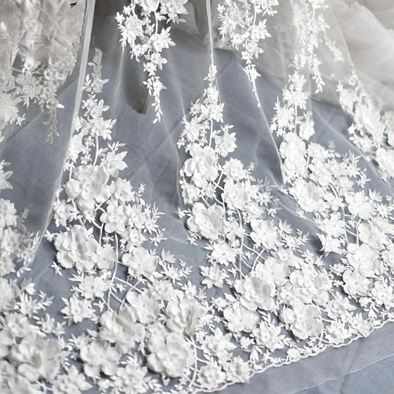 Wedding Dress Lace Fabric 3D Chiffon Flowers Nail Satin Bead High End European Lace Fabric