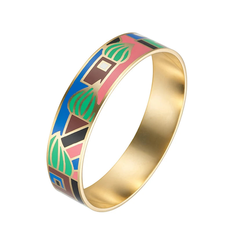 Geometric Pattern Colorful Stainless Steel Bracelet Fashion Jewelry Imitation Enamel Craft Bangles