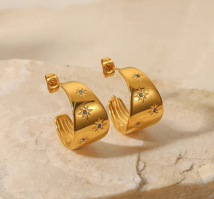18K Gold Plated Stainless Steel Jewelry Irregular Octagon Star White Zircon C Shape  Hoop Earrings for Women Earrings