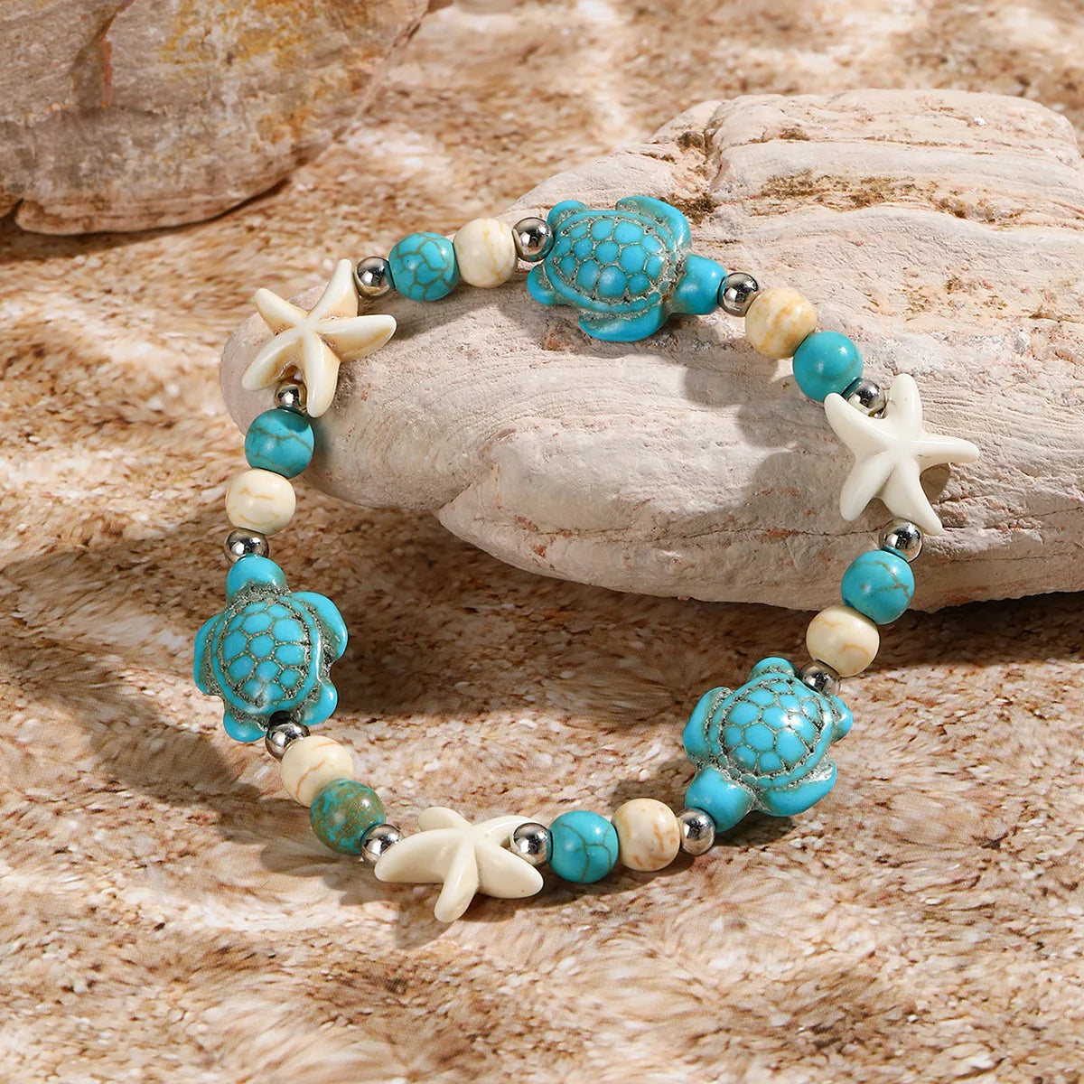 Adjustable Bohemian Turquoise Starfish Turtle Charm Bracelet Hand-Woven Knotted Elastic Fashion Charm Bracelets